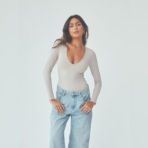 Klassy Network, Deep V Long Sleeve Bramisuit, Stone, Large